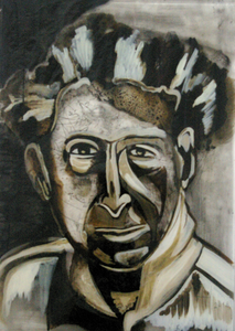 Portret en model zijn uitgevoerd op transparante sheet. Werk is verlijmd op plexiglas en voorzien van epoxy waardoor de transparantie behouden blijft. het werk wordt gepresenteerd in stalen frame voorzien van zware metalen grondplaat.