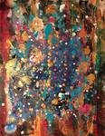 Kleurrijke abstracte schilderijen met gouden druppels.