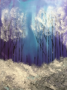 Kleurrijke schilderijen, abstract landschap met bomen. Ik raakte geïnspireerd tijdens een wandeling in het park op een koude mistige winterochtend. Zo ontstond het schilderij