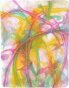 Ik houd van monoprinten met de gelplaat. Soms werk ik experimenteel, soms vrij strak gepland. Altijd een avontuur.
De meeste werken zijn gedrukt in een of meer lagen, met acrylverf.
De monoprints vanaf 2019 zijn gemaakt met hoge kwaliteit acrylverf, sterk gepigmenteerd, met een zekere glans.
Soms werk ik door op de prints met allerlei materialen (gemengde technieken).