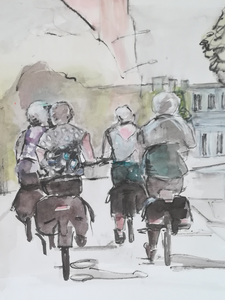 Onderweg, op de fiets, of wandelend, maak ik foto's, of maak een schetsje. Later werk ik die uit, in houtskool, of met materialen als bister, ecoline en inktpen