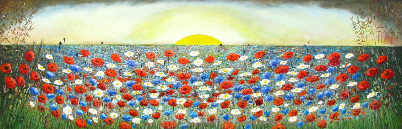 23 Een veld met margrieten, klaprozen en korenbloemen.