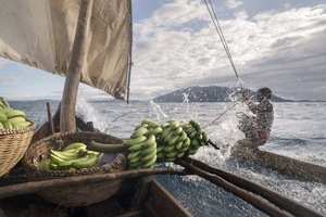 On the Mozambique Channel small commercial shipping is still done by non-motorized vessels making use of prevailing winds, the so-called trade winds. M. Nama living on mainland Madagascar is selling his bananas that way at nearby Nosy Be, profiting of much higher prices on this touristic island. Leaving early morning southern wind Varatzaza is blowing him in a few hours to Nosy Be, returning afternoon with northern wind Talio in the back.