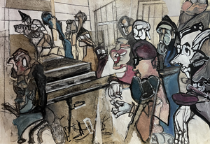 De kleine crowdscapes zijn a4 formaat, landscape. Ze zijn gemaakt met allerlei materialen (mixed media) op verschillende (vaak handgeschepte) papiersoorten.