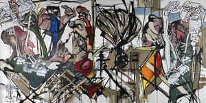 De grote crowdscapes variƫren in formaat. Klik op een afbeelding voor de afmetingen. De grote crowdscapes zijn gemaakt met verschillende materialen (mixed media) op doek of papier.