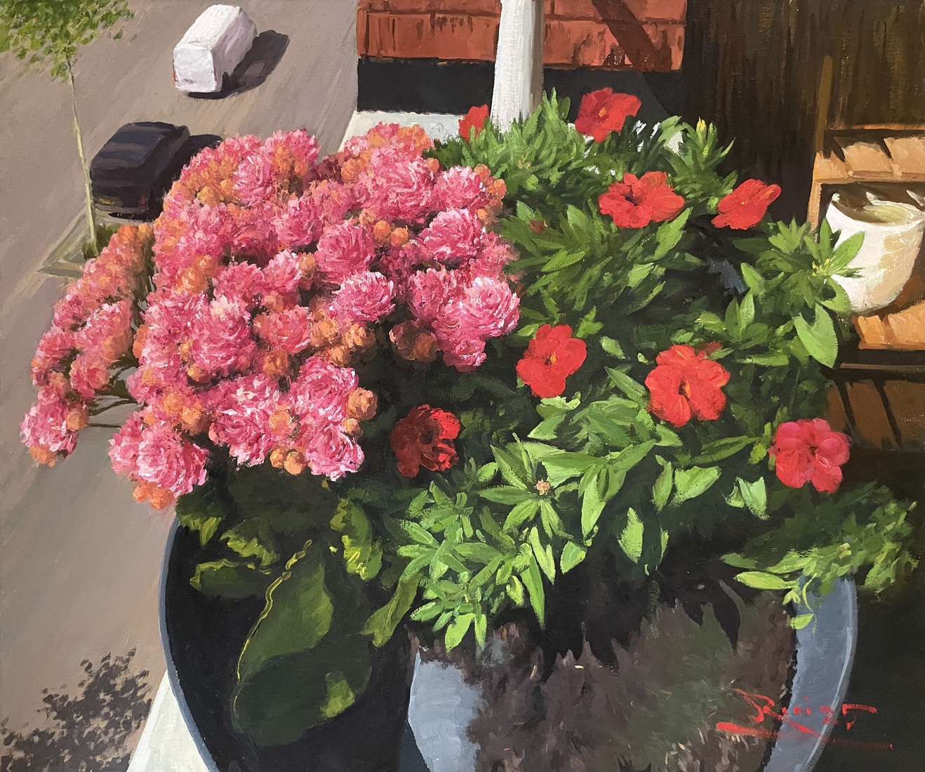 Kalanchoe en ander soort kleine rode bloemen op mijn balkon