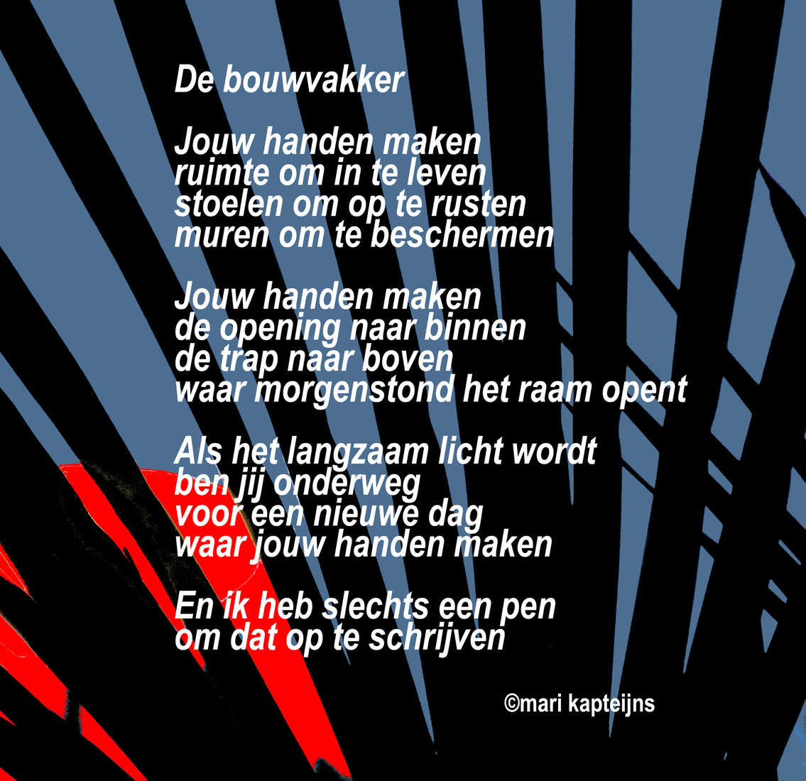 De bouwvakker: werk met gedicht 20x20 acryl inkt op canvas