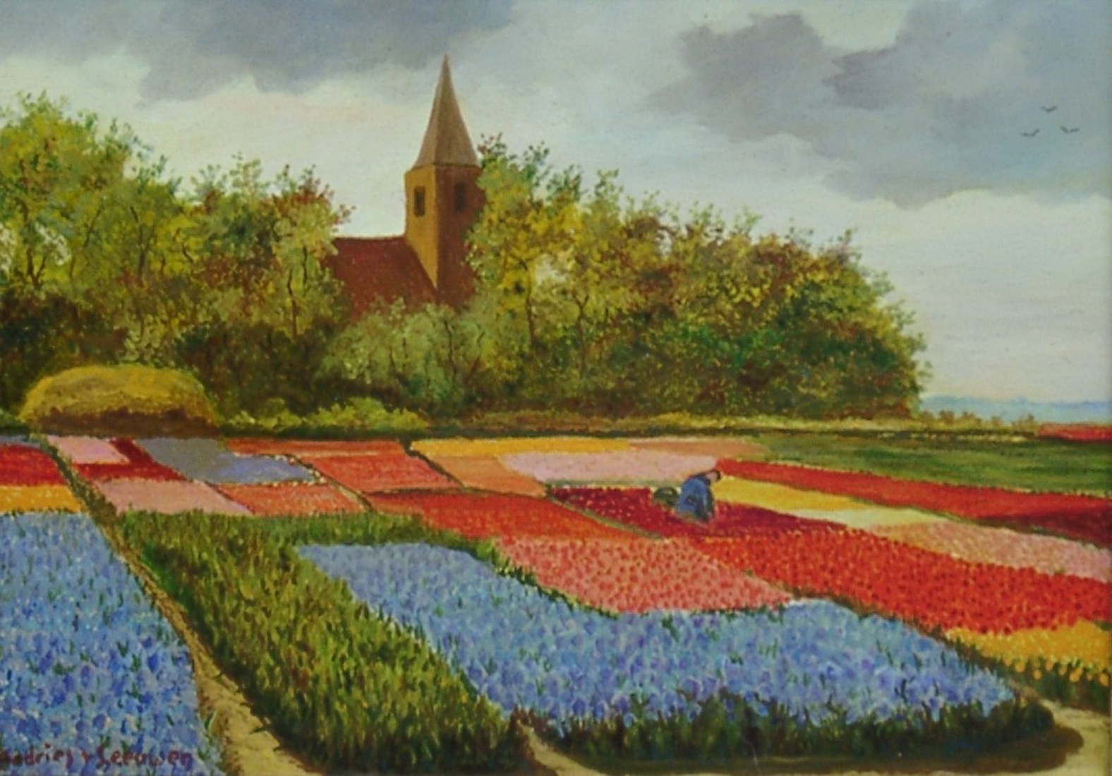 Bloembollenvelden voor kerk