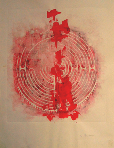 Labyrinten, linodruk en krijt op papier