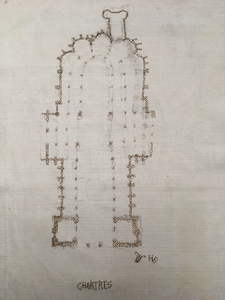 Plattegronden en kerkbogen in linodruk, krijt verf en borduurwerk