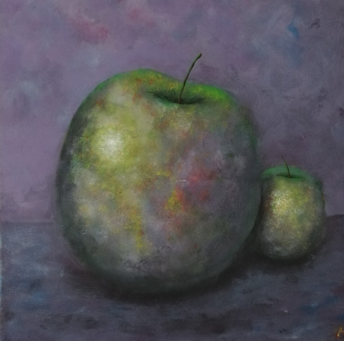 Appels in paars expressief neergezet (behorend bij een setje)