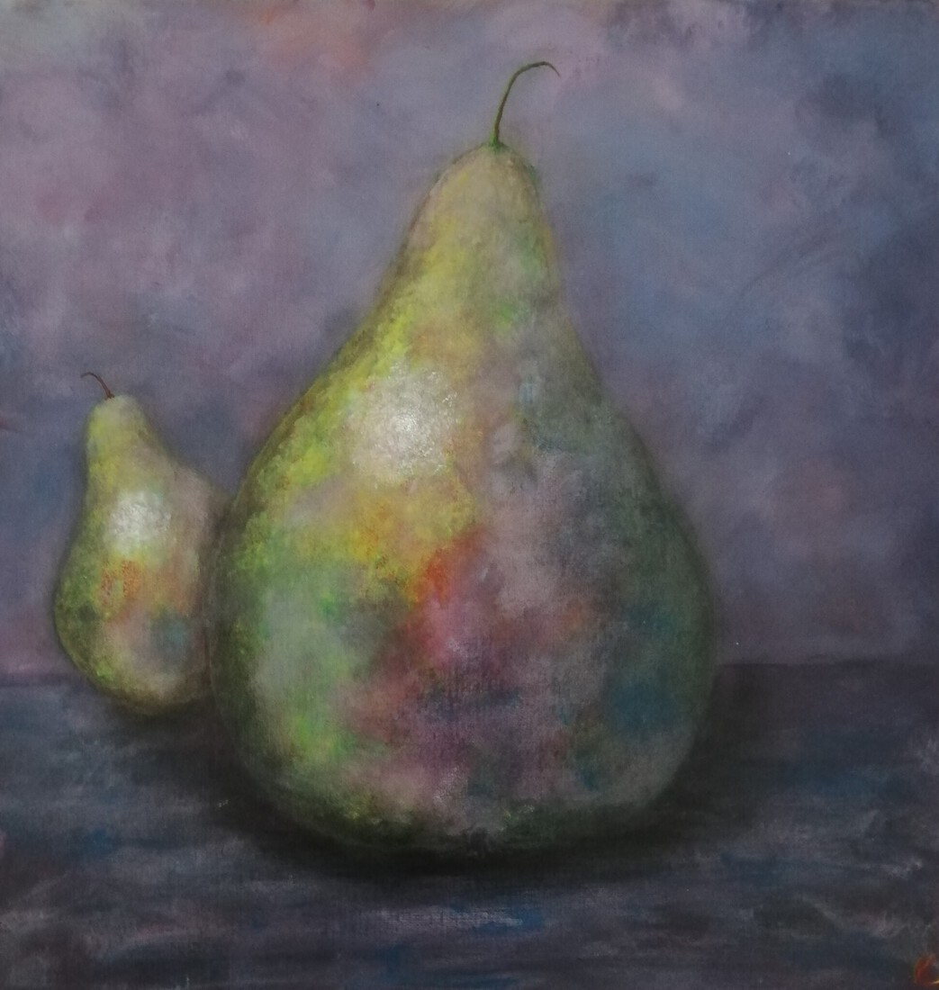 Peren in paars expressief neergezet (behorend bij een setje)