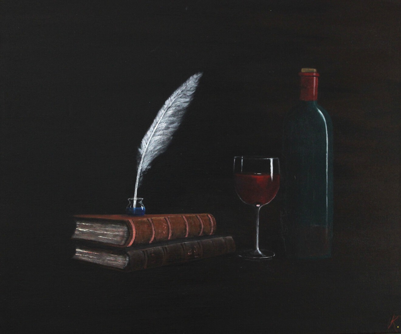 Boeken en fles wijn in ambiance