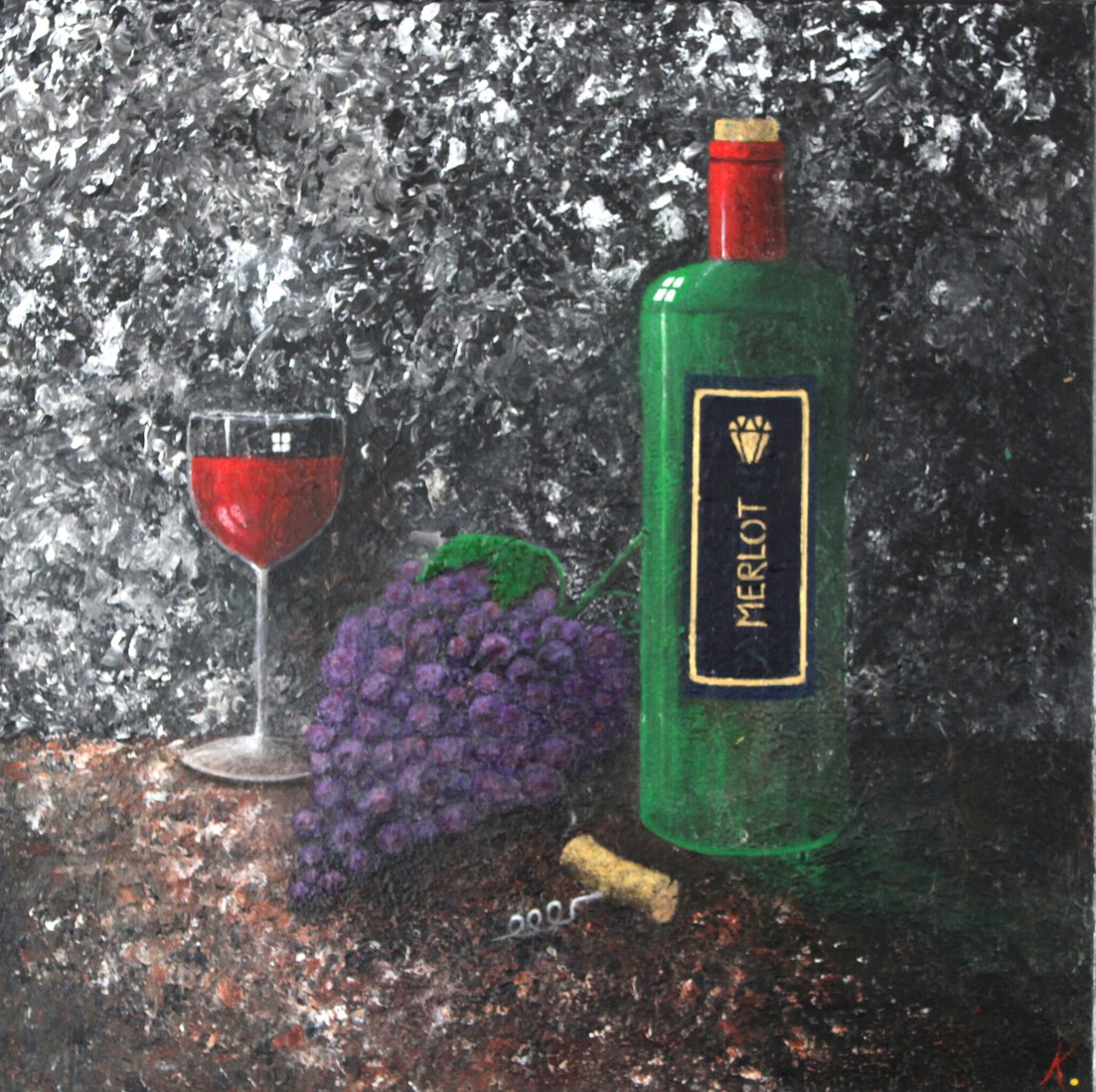 Stilleven fles Merlot in ruige textuur