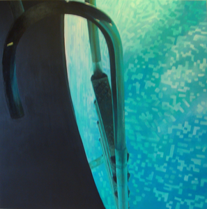 Schilderijen in olie- en acryl verf geïnspireerd op verlichte zwembaden in de nacht.