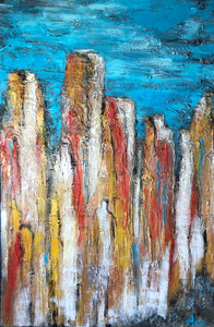 Schilderijen vervaardigd met mixed media waardoor specifieke structuren en 3D effecten ontstaan. 