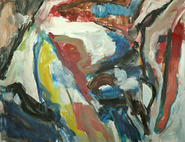 'Danish blue' - een modern, abstract en groot schilderij van Benfo; samen geschilderd door Ben Vollers & Fons Heijnsbroek; te koop