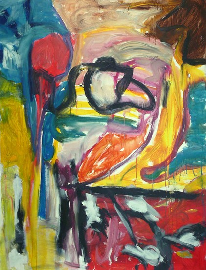 'Arabesk' - een kleurig schilderij (in de serie Mill with a view), samen geschilderd door BenFo: Ben Vollers & Fons Heijnsbroek; te koop