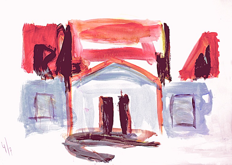 'Zweedse huizen aan een plein' - een acryl-schildering op papier - * gratis kunst / nog beschikbaar