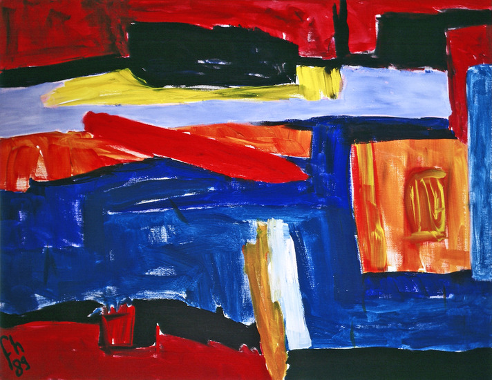'Winter landschap met venster en water'; groot schilderij op doek - gratis abstracte kunst, niet meer beschikbaar; Fons Heijnsbroek
