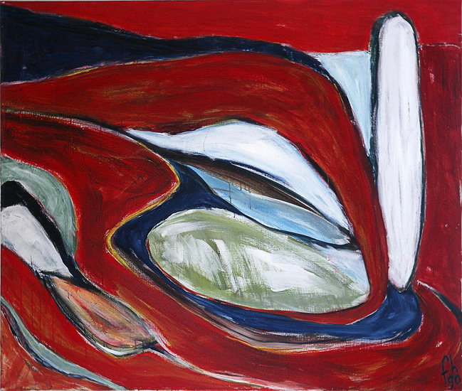 'Abstract gestileerd landschap in rood' - groot schilderij; verkocht