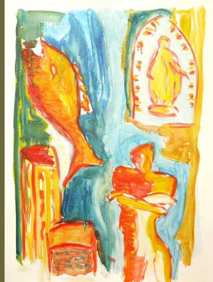 'Maria en een vis' - schilderij op papier, groot figuratief werk; * Gratis kunst, nog beschikbaar; Fons Heijnsbroek