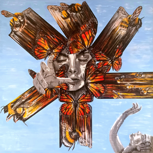 Abstracte schilderijen, gemaakt met acrylverf, een raamwisser en tape.