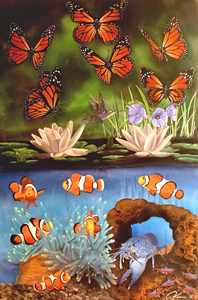 Schilderijen met diverse technieken, voornamelijk acryl en spuitbussen. 