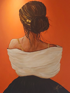 Portret op het doek, realistisch geschilderd.
