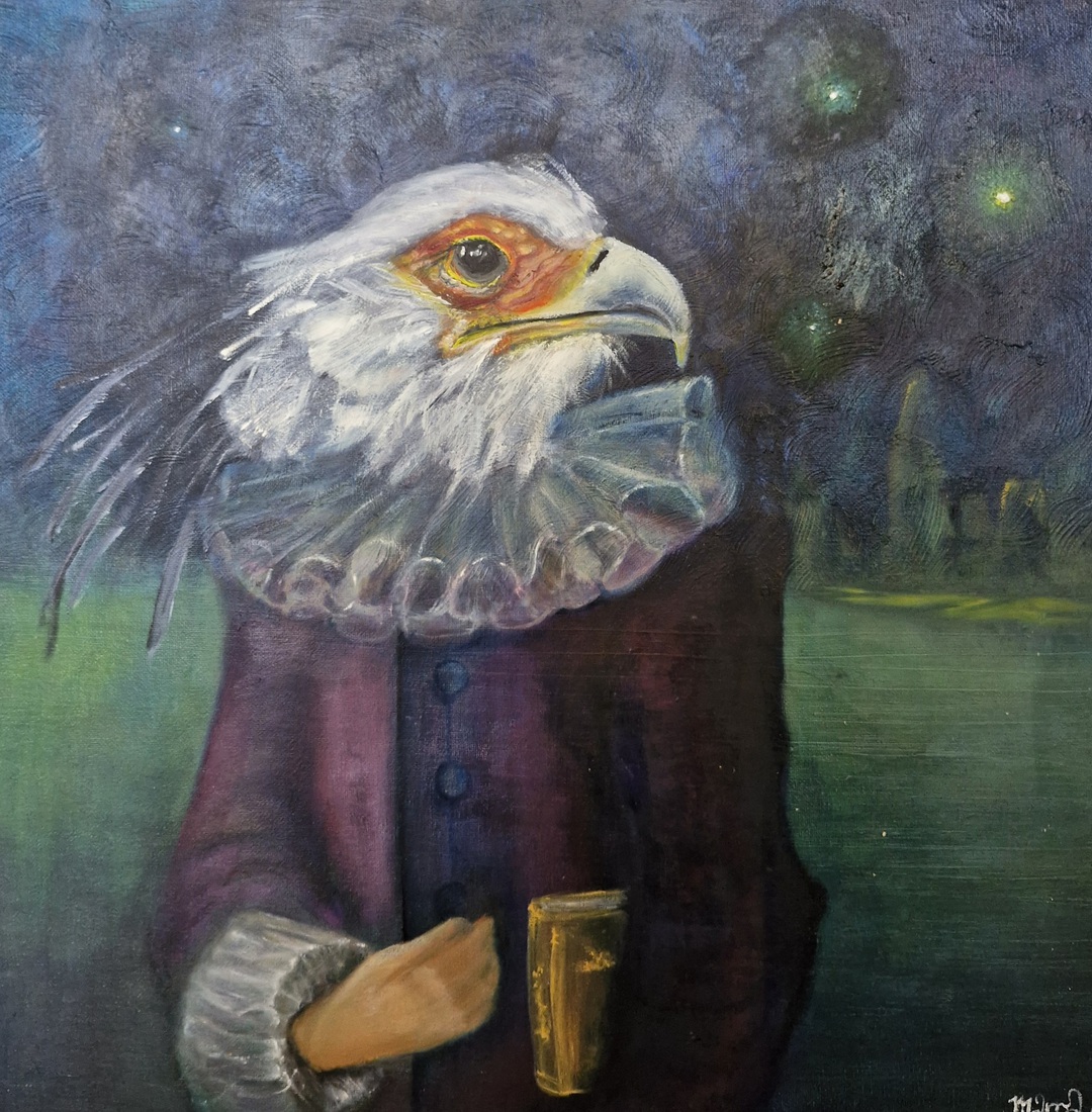 Secretarisvogel in middeleeuwse kleding