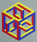 Abstracte schilderijen, meestal in de primaire kleuren geschilderd. M.C. Escher was hierbij een grote inspiratiebron.