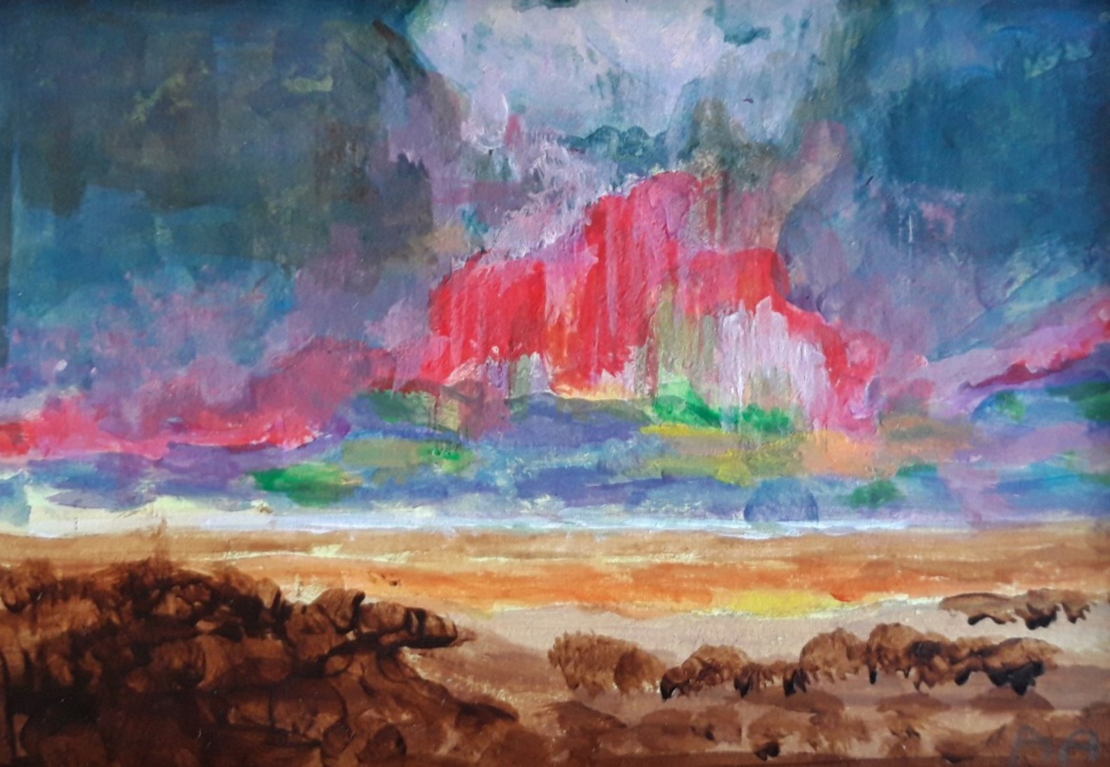 Noorderlicht Nederland, rood boven zee en strand