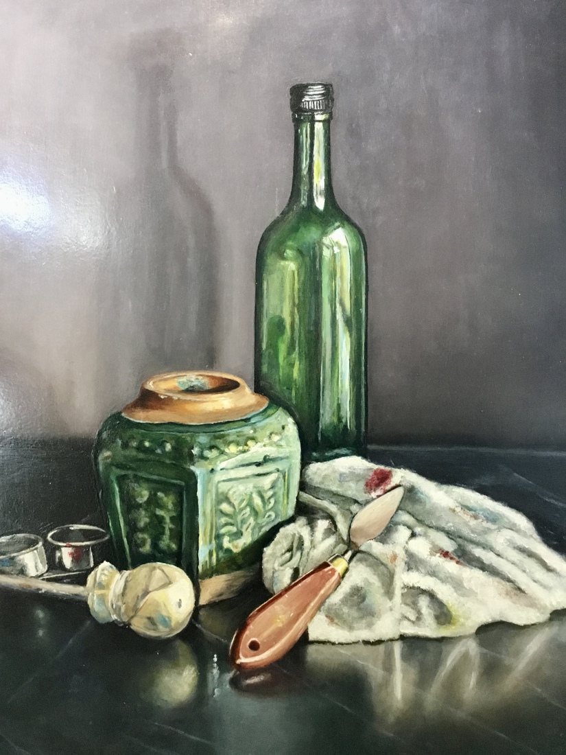 Stilleven met gemberpot, fles en schildersmateriaal