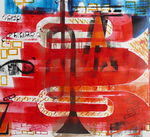 Jazz als muze van deze - nog groeiende - reeks werken. Het bijzondere ritme van Brubecks take five, de prachtige platenhoezen van Thelonious Monk en natuurlijk de instrumenten zelf. Ze bleken haast als van nature te combineren met de grafische technieken van N.H. Werkman. Ik zelf voegde alleen soms tekst toe.