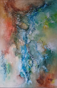 Intuïtief geschilderde werken in acryl met natuurlijke materialen. 