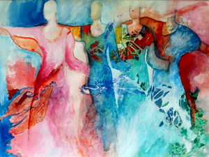 Naar fantasie geschilderd werk in acrylverf, veel geïnspireerd door folkloredans