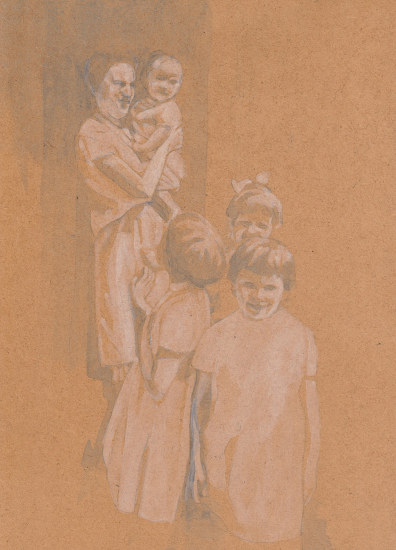 In de deuropening met de kinderen