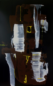 Een abstracte compositie waarbij de rijke, diepbruine kleur van chocolade over een zwarte achtergrond stroomt. Gele en witte accenten dansen als lichtflitsen door de duisternis, creëren contrasten en brengen de scène tot leven. Een spel van diepte, beweging en spanning dat de toeschouwer meesleept in een harmonische chaos van kleuren en emoties.
