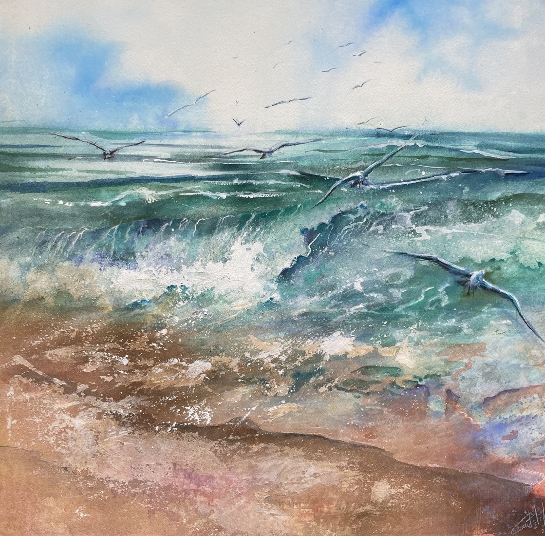 Zeemeeuwen boven zee II