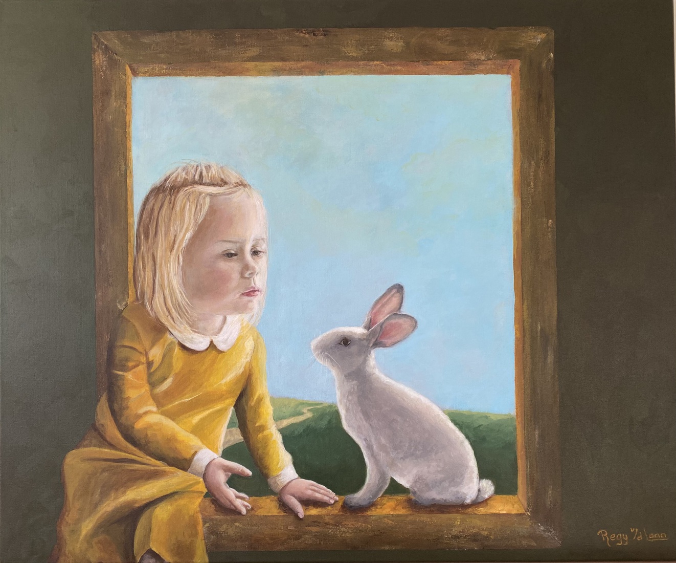 Saar met konijn, klassiek meesterwerk van een meisje met konijn in het raamkozijn.