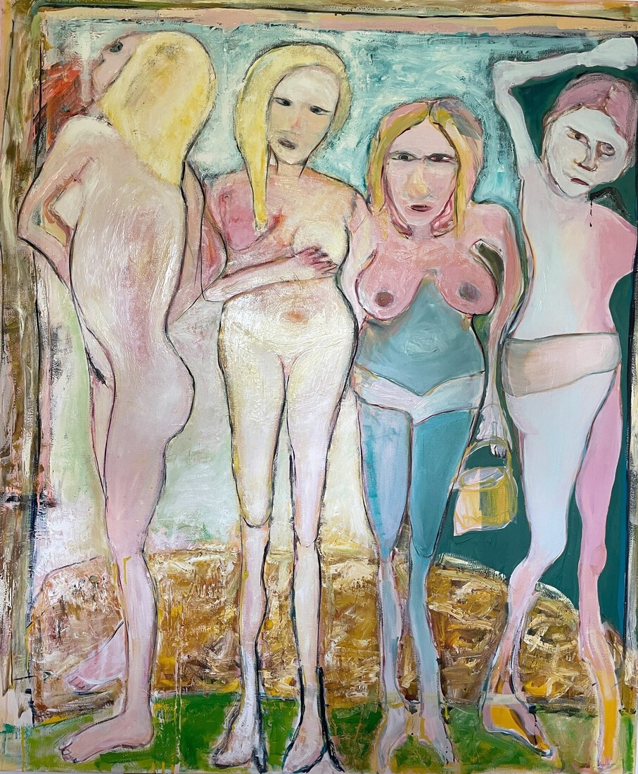 Vier vrouwen, een met tasje