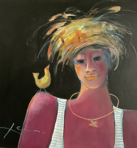 Na jaren heeft de kunstenares schilderen weer opgepakt. In haar huidige werk zie je een duidelijke link naar haar keramiek; robuust en kwetsbaar tegelijk. Altijd met de liefde voor een diertje en een grappige hoofdtooi.