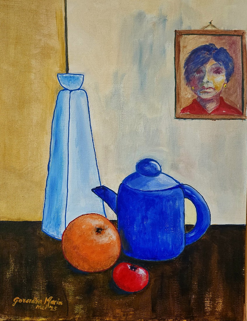 Stilleven met blauwe theepot