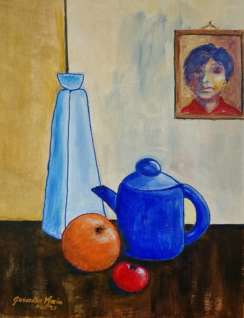 Stilleven met blauwe theepot