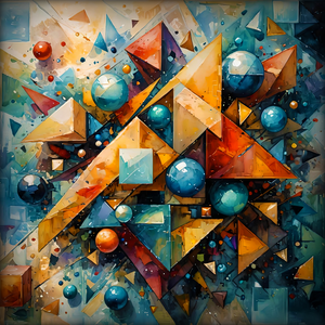In deze serie breng ik abstracte geometrische vormen, kleur en beweging samen in een explosieve compositie vol energie. Zwevende bollen, piramides en kubussen lijken door de ruimte te dansen in een speels samenspel van diepte en perspectief en gefacetteerde vlakken creëren een dynamische wereld vol beweging, diepte en contrast. Heldere kleuren contrasteren met koele blauwtinten en creëren een levendige, bijna kosmische sfeer.
