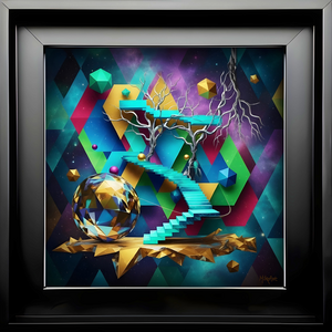 In deze serie combineer ik geometrische vormen, kosmische elementen en levendige kleuren tot een futuristische droomwereld. Zwevende figuren, kristalachtige objecten en transparante vormen creëren een speelse illusie van ruimte, beweging en oneindigheid. Neonachtige tinten en mysterieuze achtergronden versterken de moderne uitstraling en geven elk werk een magische energie. Elk werk straalt energie, mystiek en verwondering uit en nodigt uit tot een reis voorbij de werkelijkheid.