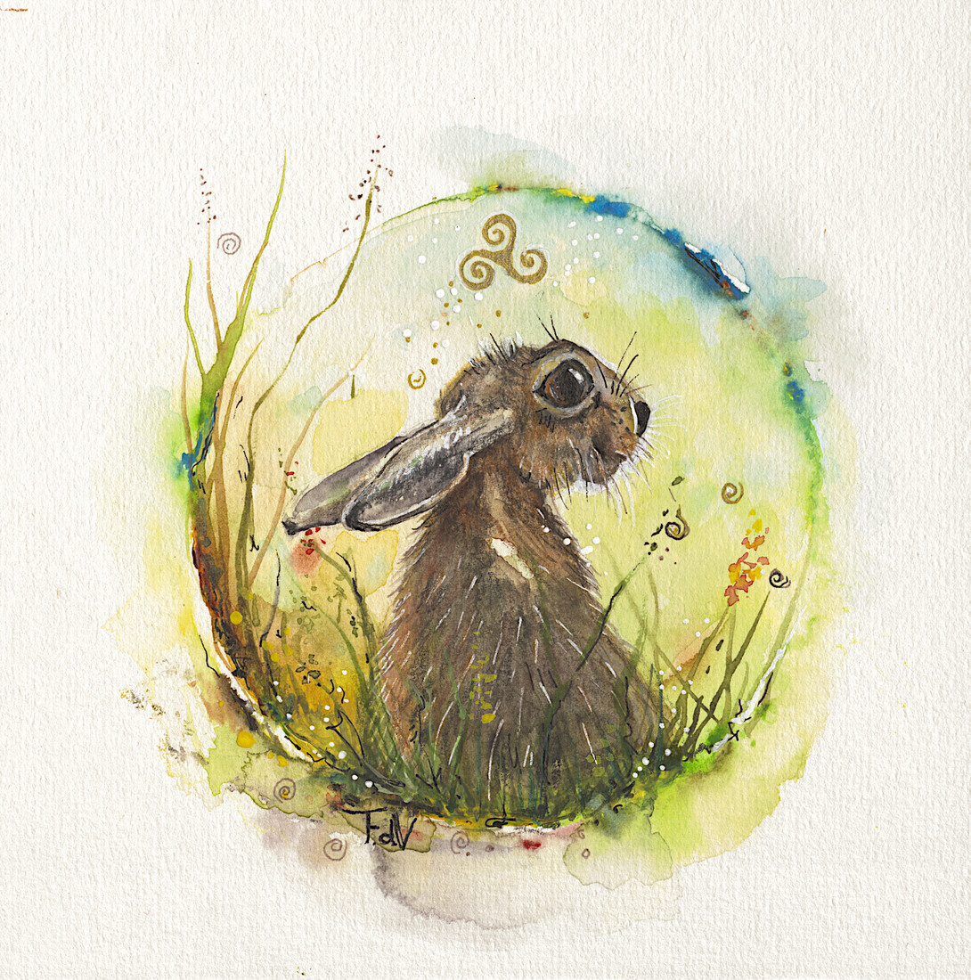 Kunstafdruk(giclée) Haasje over in krachtcirkel, 30x30CM