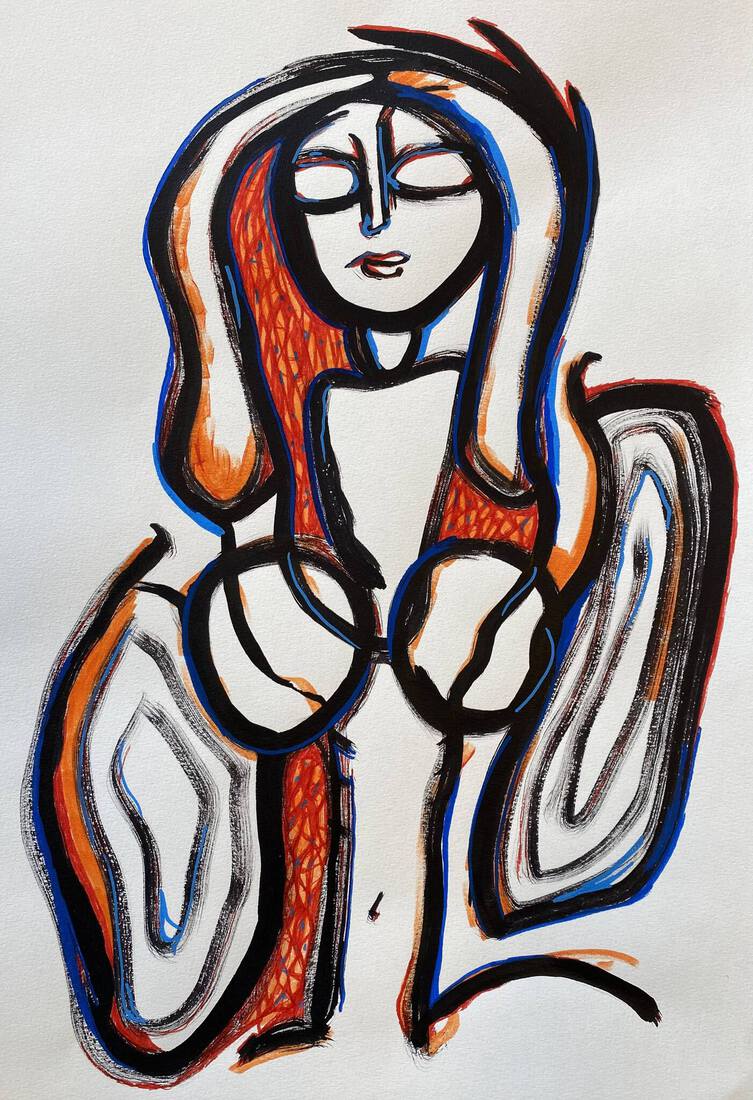 Vrouw in rood en blauw