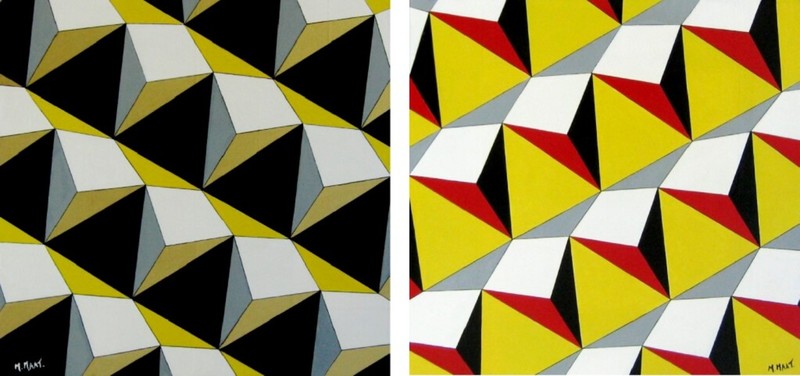 Piramide diagonaal tweeluik in spiegelbeeld en kleurcontrast
