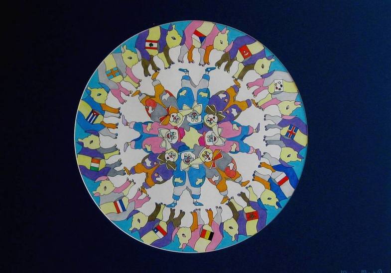 Circuscirkel, 'de wereld rond'. Werk voor kinderen in kleurpotlood, op mathematische wijze gerangschikt